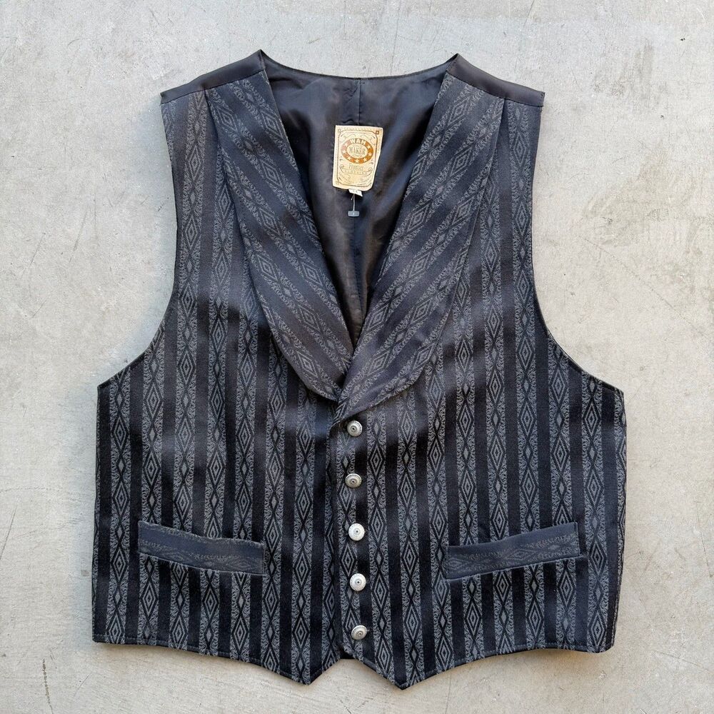 WAH MAKER Mens M Western Vest Coat Black Diamond Pattern Formal Cowboy USA